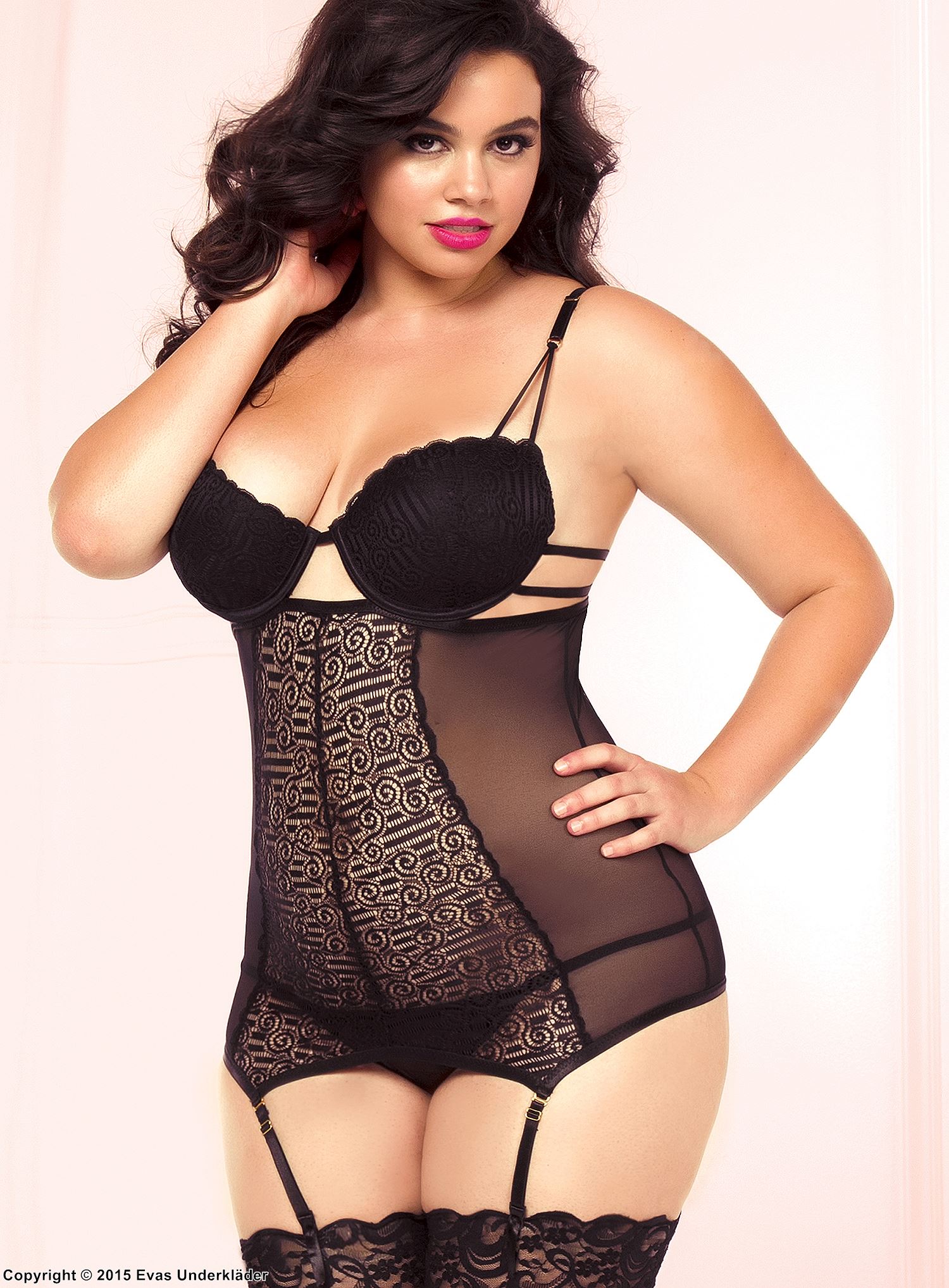 Whimsical bustier with swirling lace, plus size